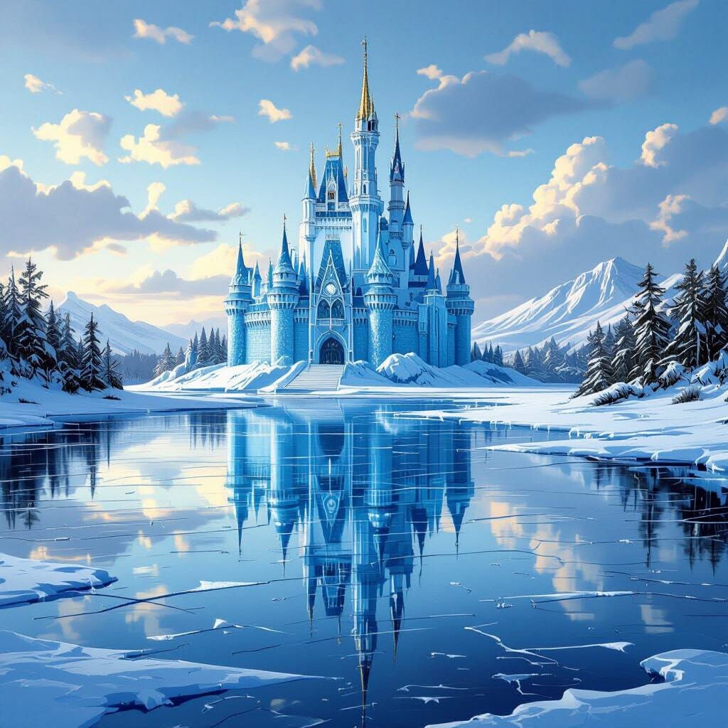 Frozen Lake Reflecting Ice Castle in Comic Art Style