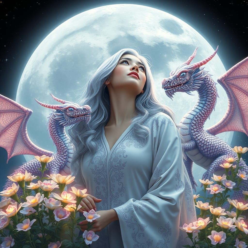 Lunar Dragons Nurturing Moonflowers in Dreamlike Garden