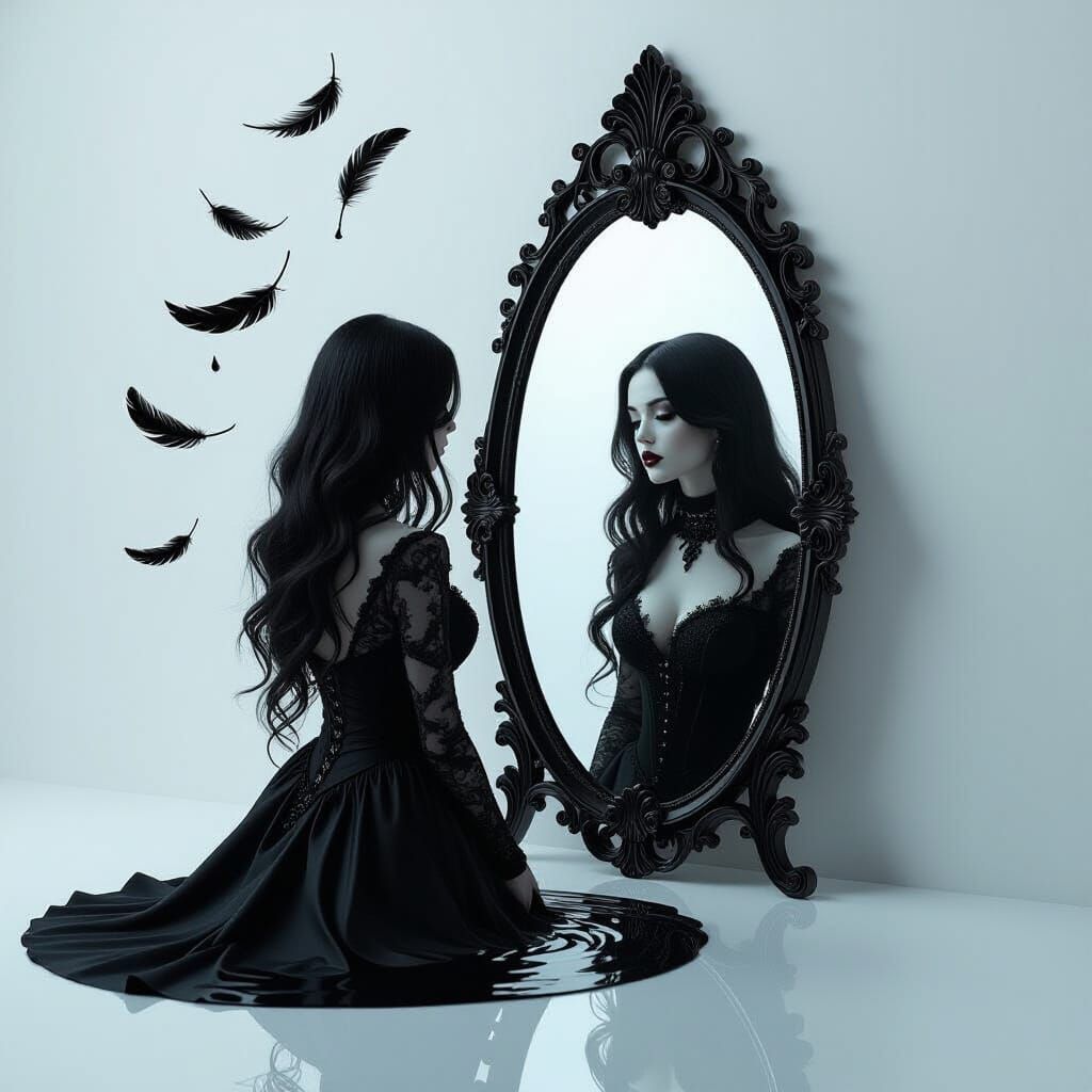 Gothic Woman Gazes Into Liquid Obsidian Mirror