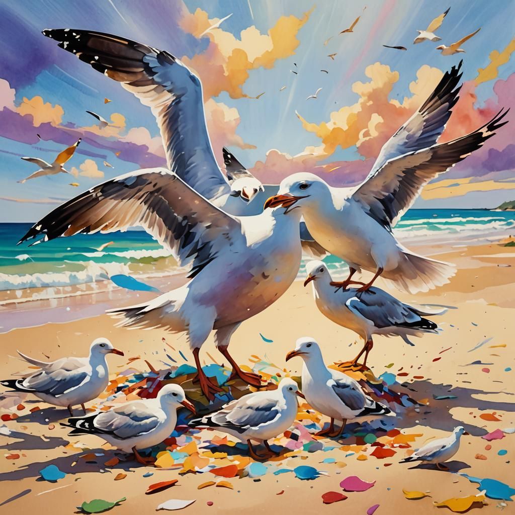 Seagulls Eating: Whimsical Gouache Splash Art