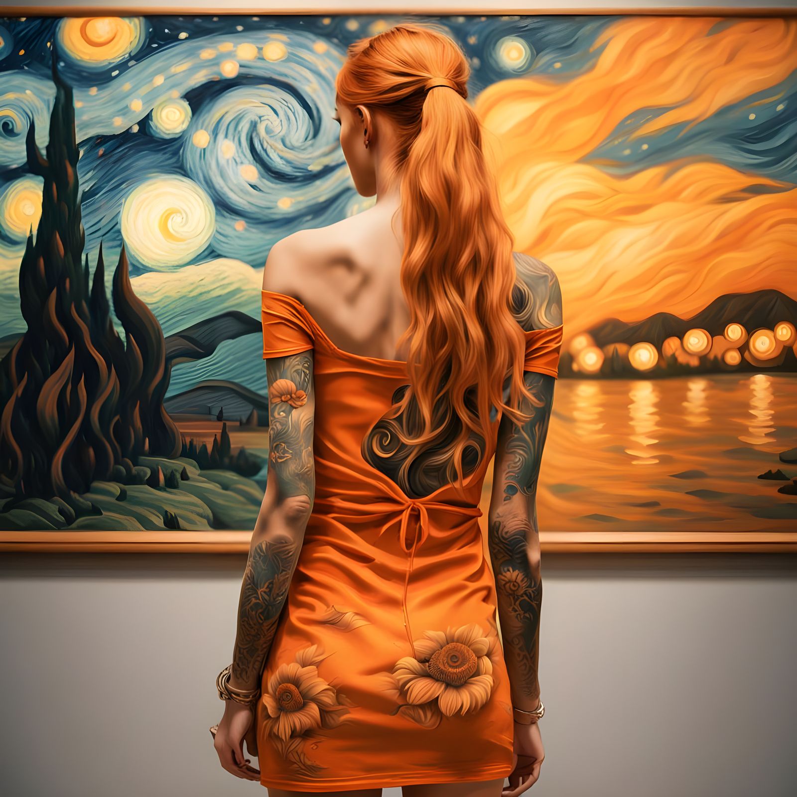 Girl in Orange Dress Gazing at Van Gogh Painting