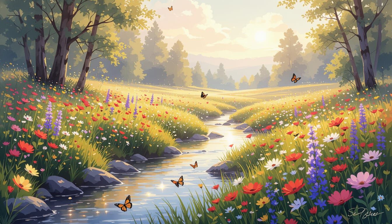 Vibrant Wildflower Meadow in Watercolor Digital Art