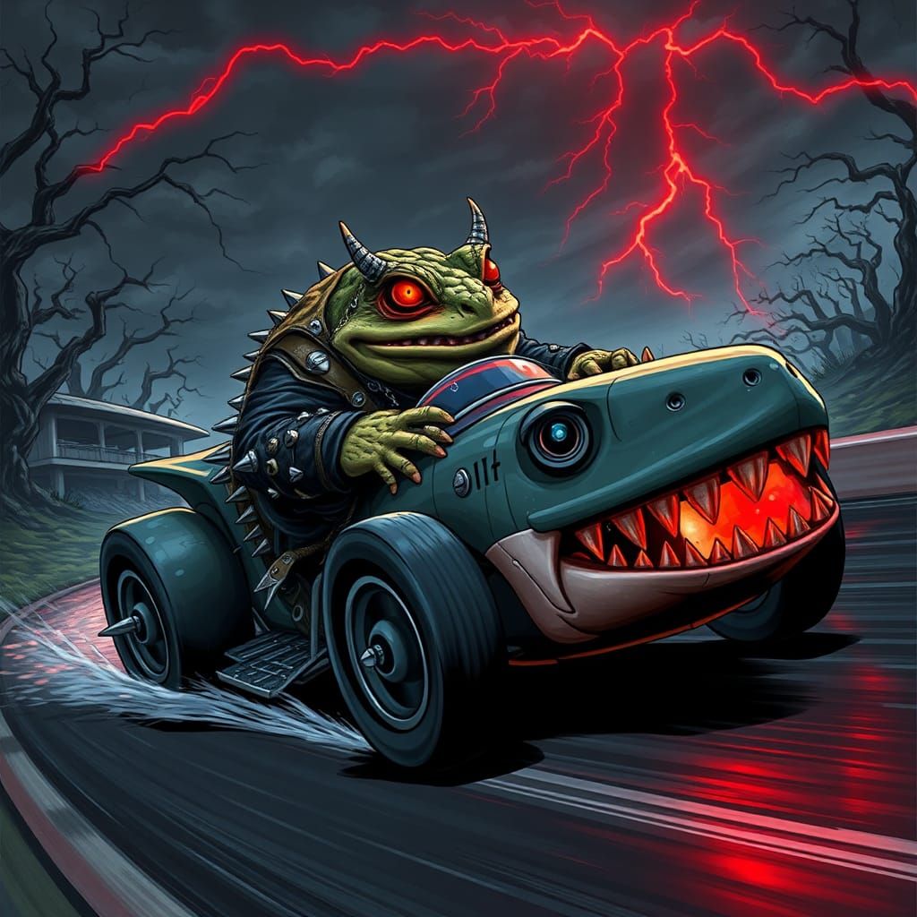 Demon Toad Races Shark Car in Comic Book Art