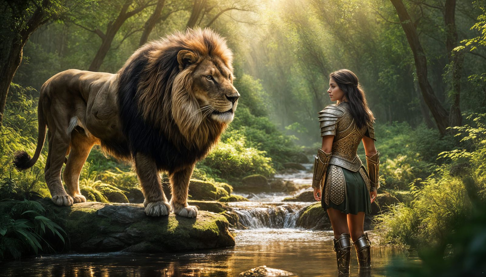 Armored Girl and Lion in Forest Clearing