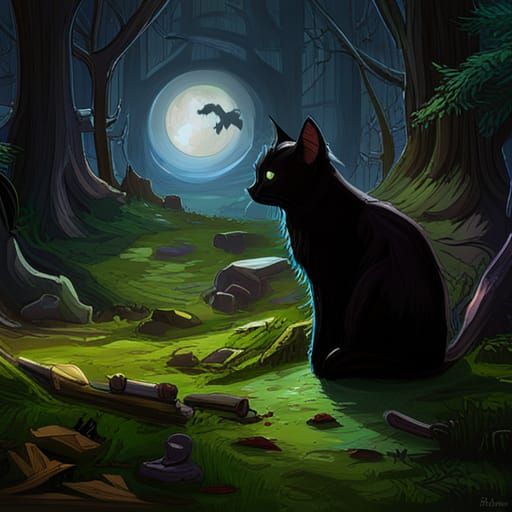 Black Cat and Witch in Dark Fantasy Style