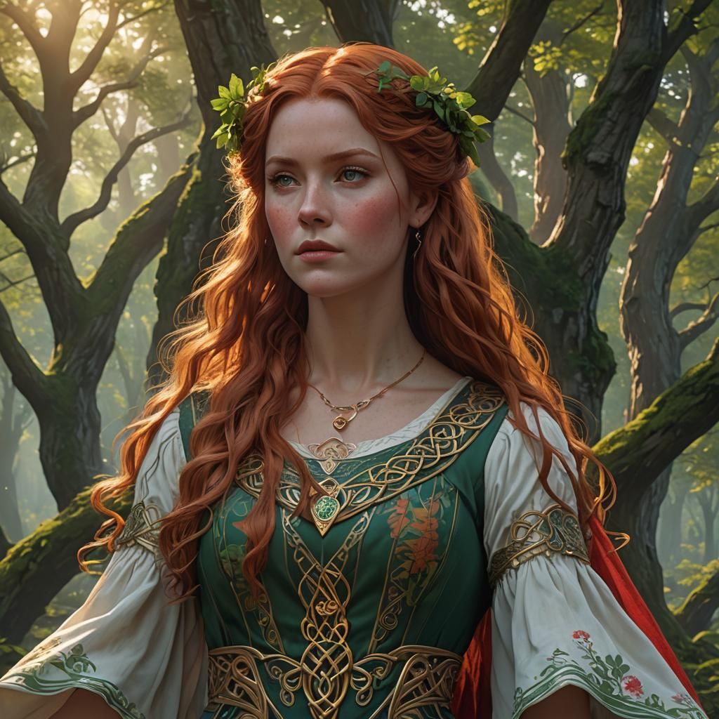 Celtic Woman Portrait in Forest Sunrise, Digital Art