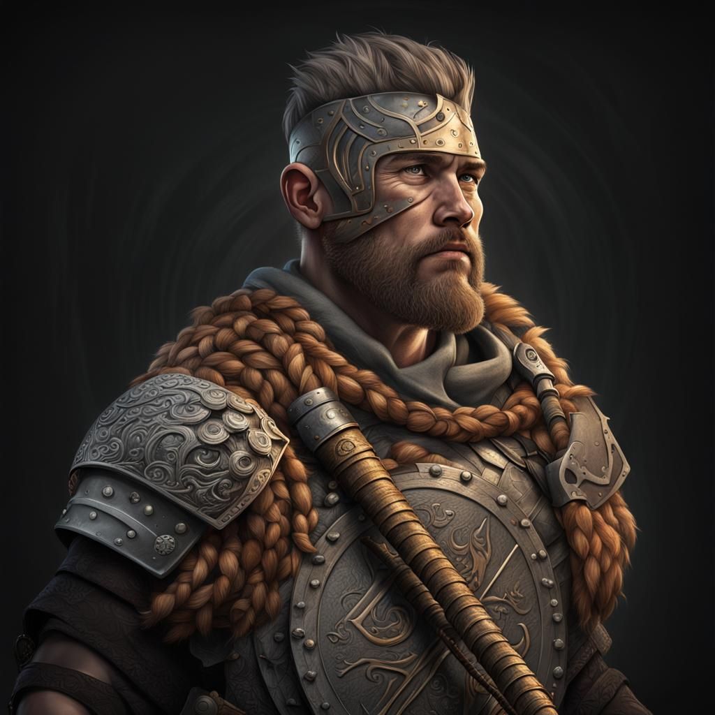 Prompt. "
Children Viking Warrior" dressed in skins and leather belt as garment with Viking weapons. Sitting on Hyperrea...