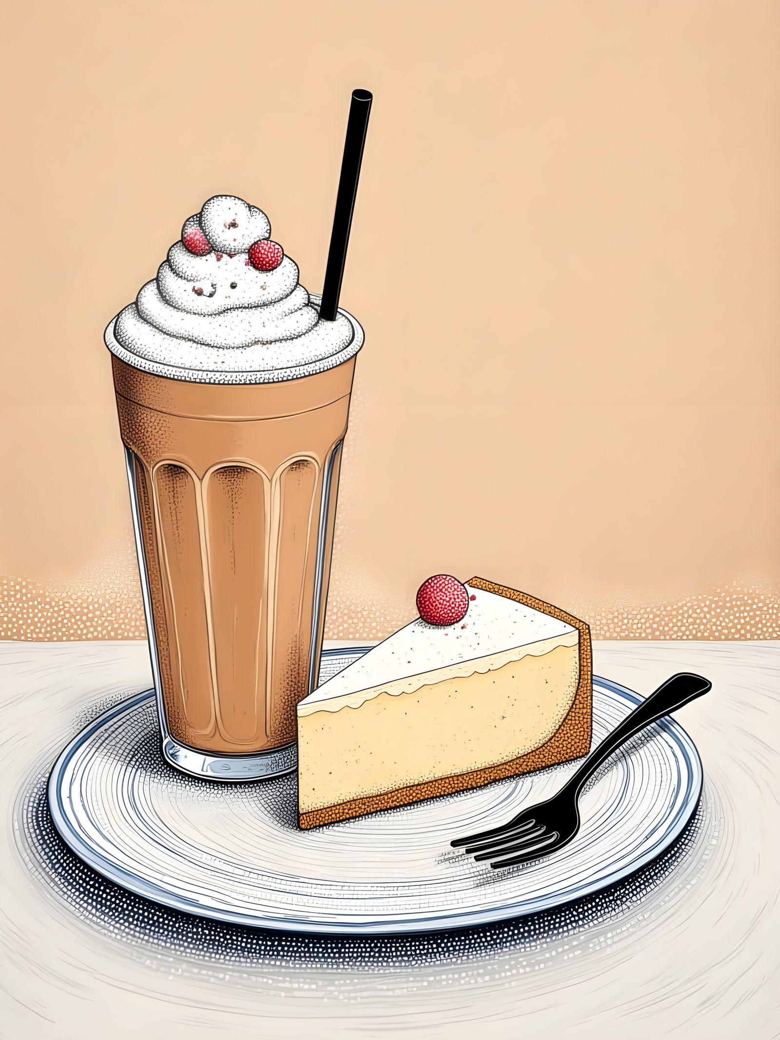 Minimalist Hand Drawn Dessert Scene with Frappe and Cheeseca...