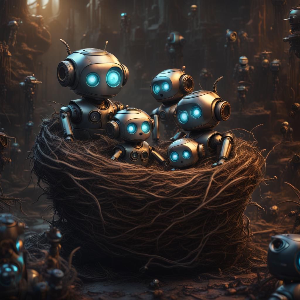 Robots Nesting: Detailed Fantasy Concept Art