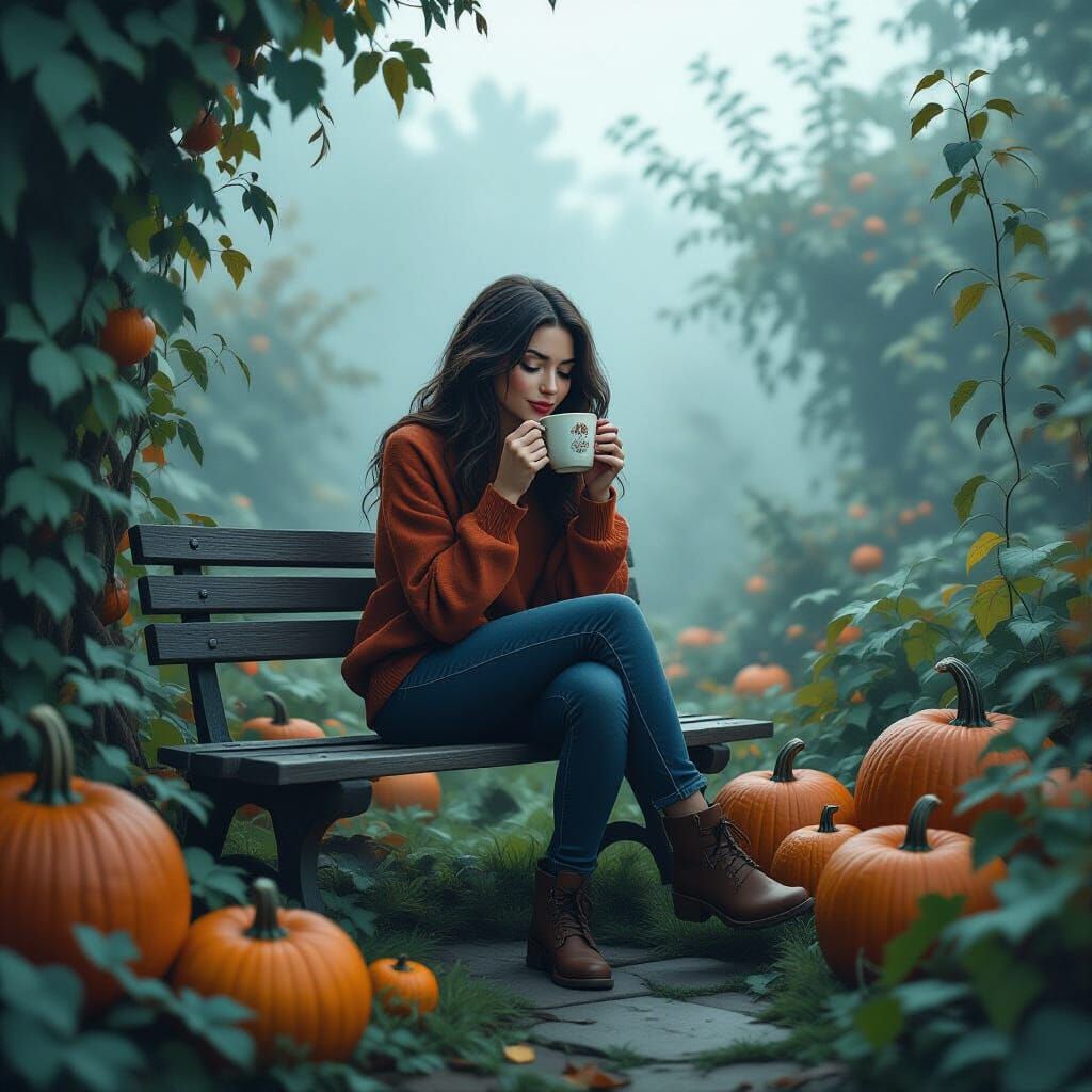 Woman Enjoys Coffee in Foggy Garden with Pumpkins