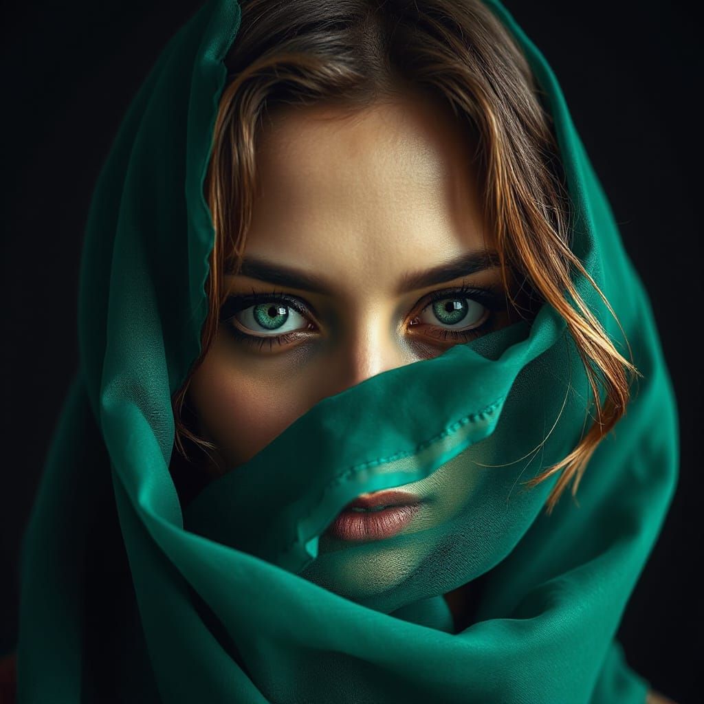 Enigmatic Woman in Emerald Veil, Chiaroscuro Lighting