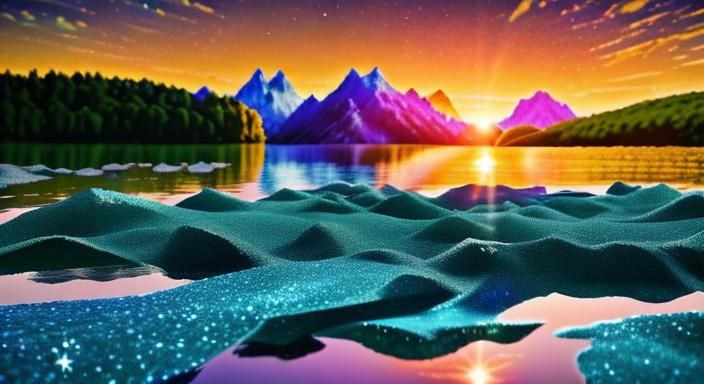 Mountain Lake Sunset with Mermaid Sculptures