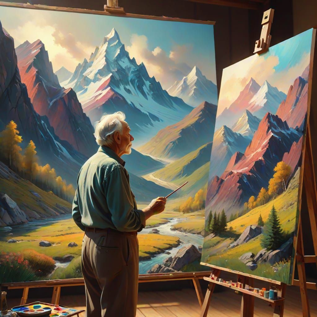 Elderly Painter Amazed by 3D Mountain Canvas in Oil Painting...