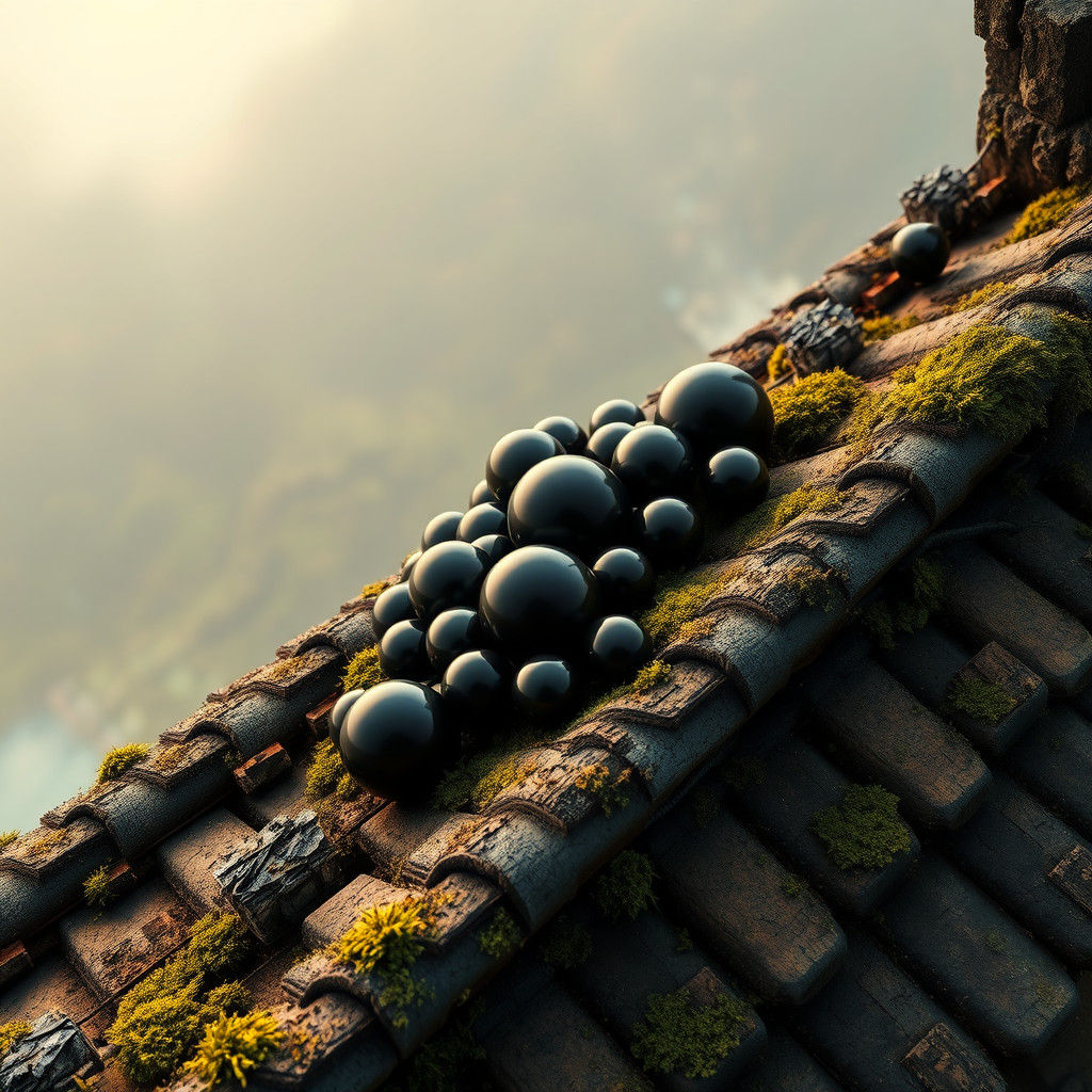 Glossy Black Orbs on Ancient Rooftop, Matte Painting