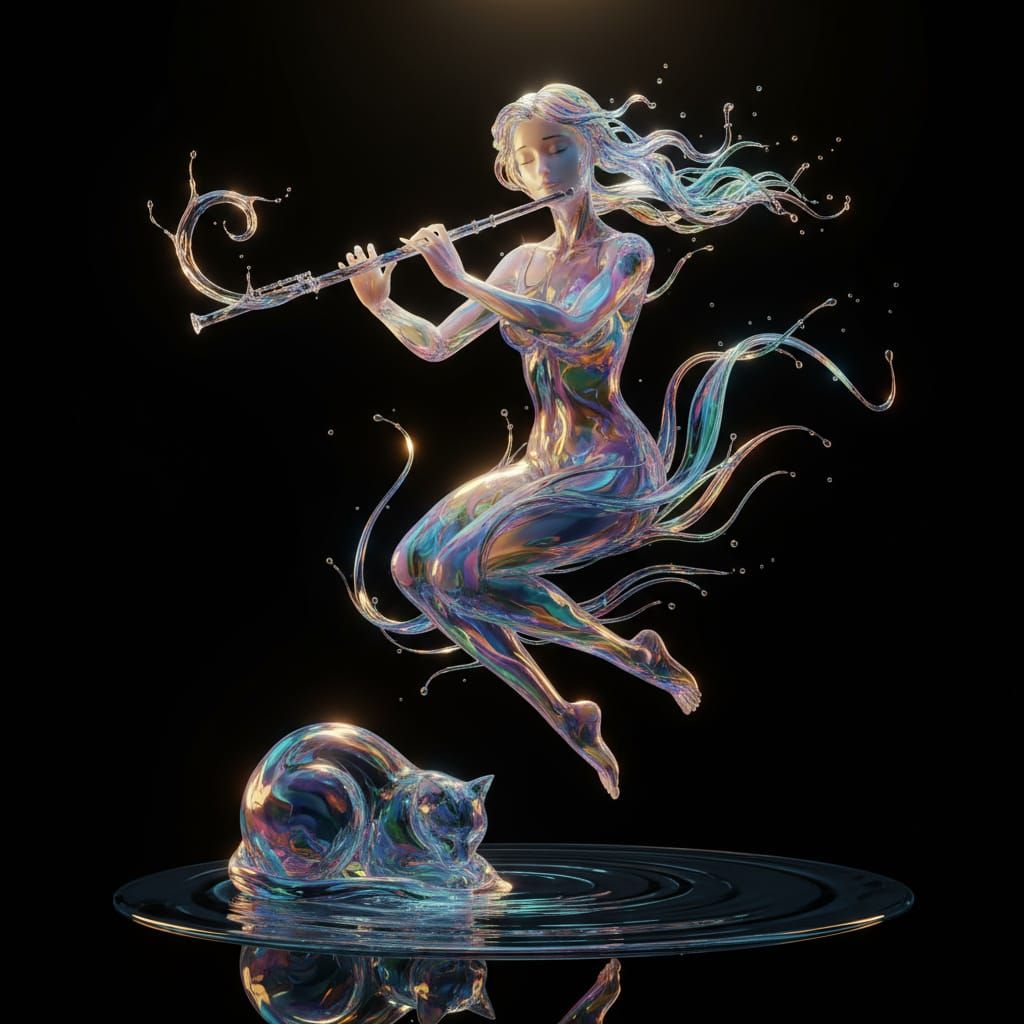 3D Liquid Art: Water Flutist and Cat by Pond