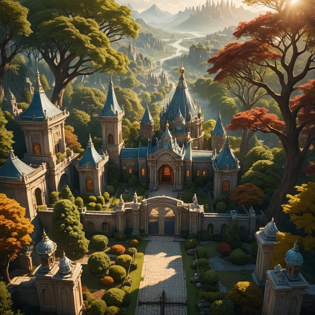 Majestic Gated District with Shaded Groves in Fantasy Art