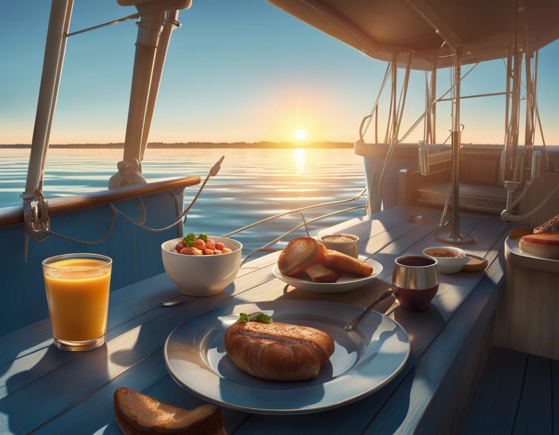Breakfast at Sunrise on Deck of Boat