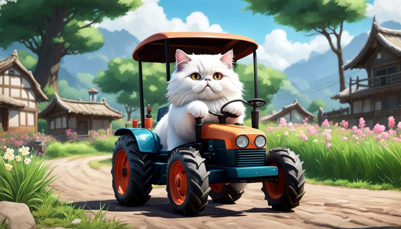 Persian Cat Drives a Tractor: 3D Anime Art