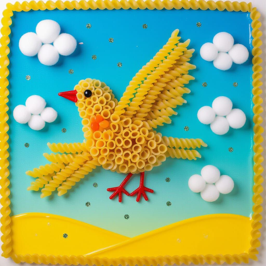Whimsical Macaroni Art Bird in Flight