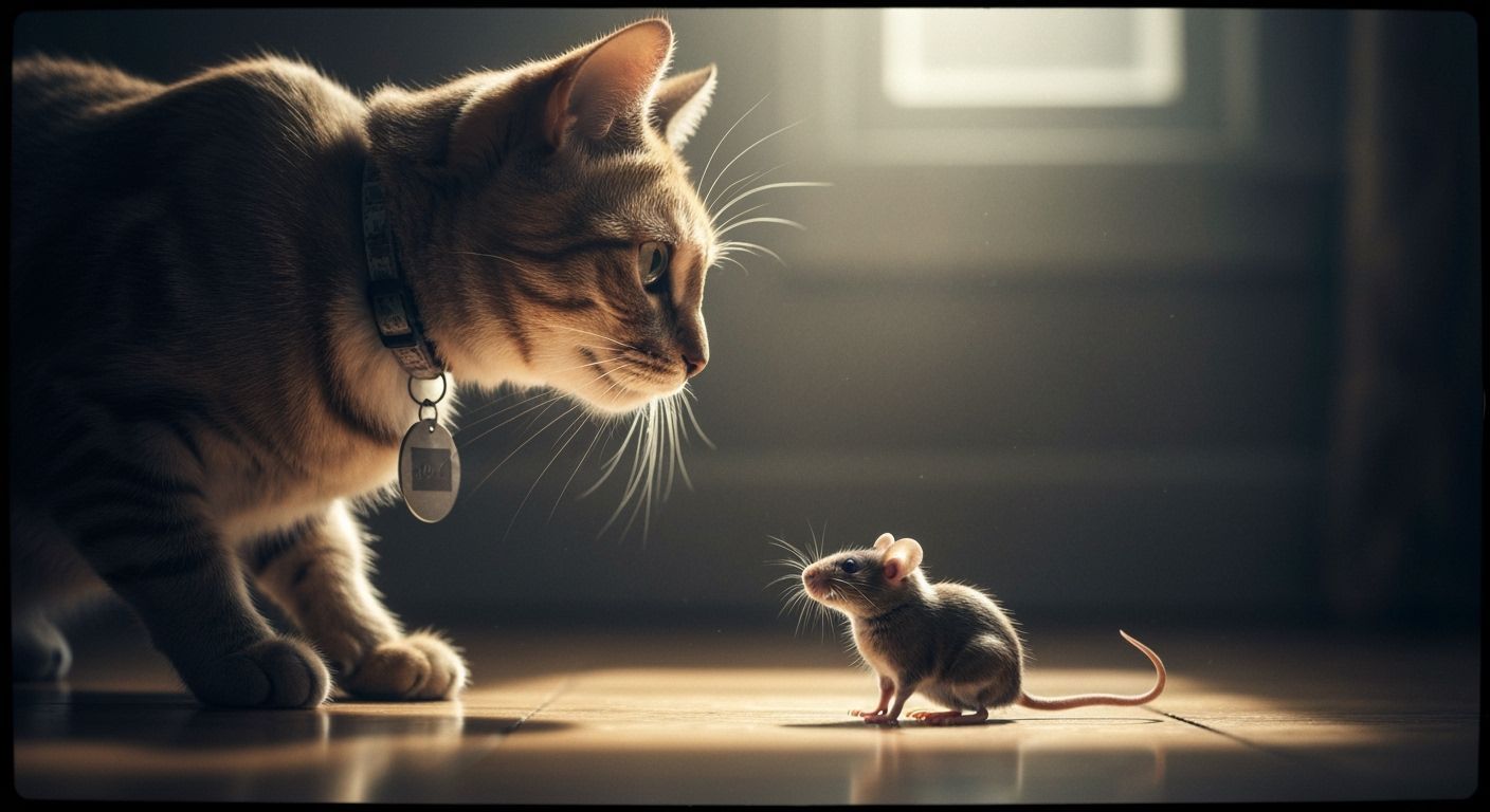 Cat and Mouse Stare Down in Atmospheric Room