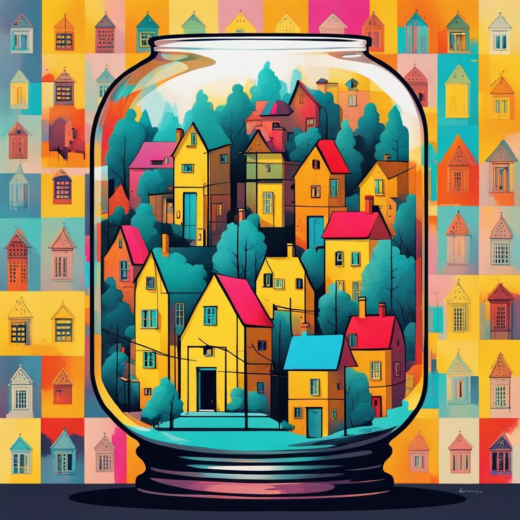 Tiny Village Inside Glass Jar: Pop Art Style