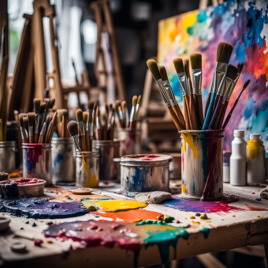 Colorful Painting Studio Scene with Brushes and Canvas