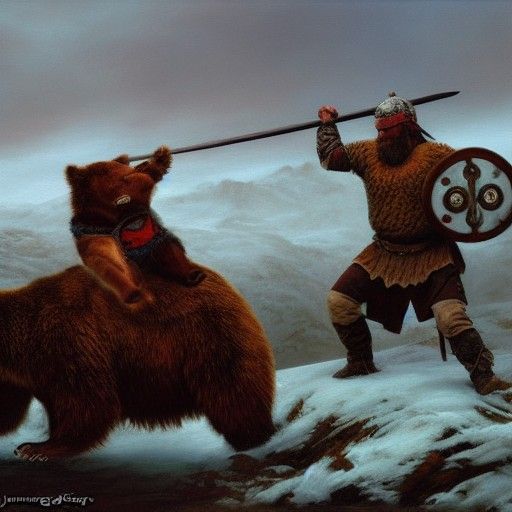 Viking Warrior's Tundra Battle: Oil Painting