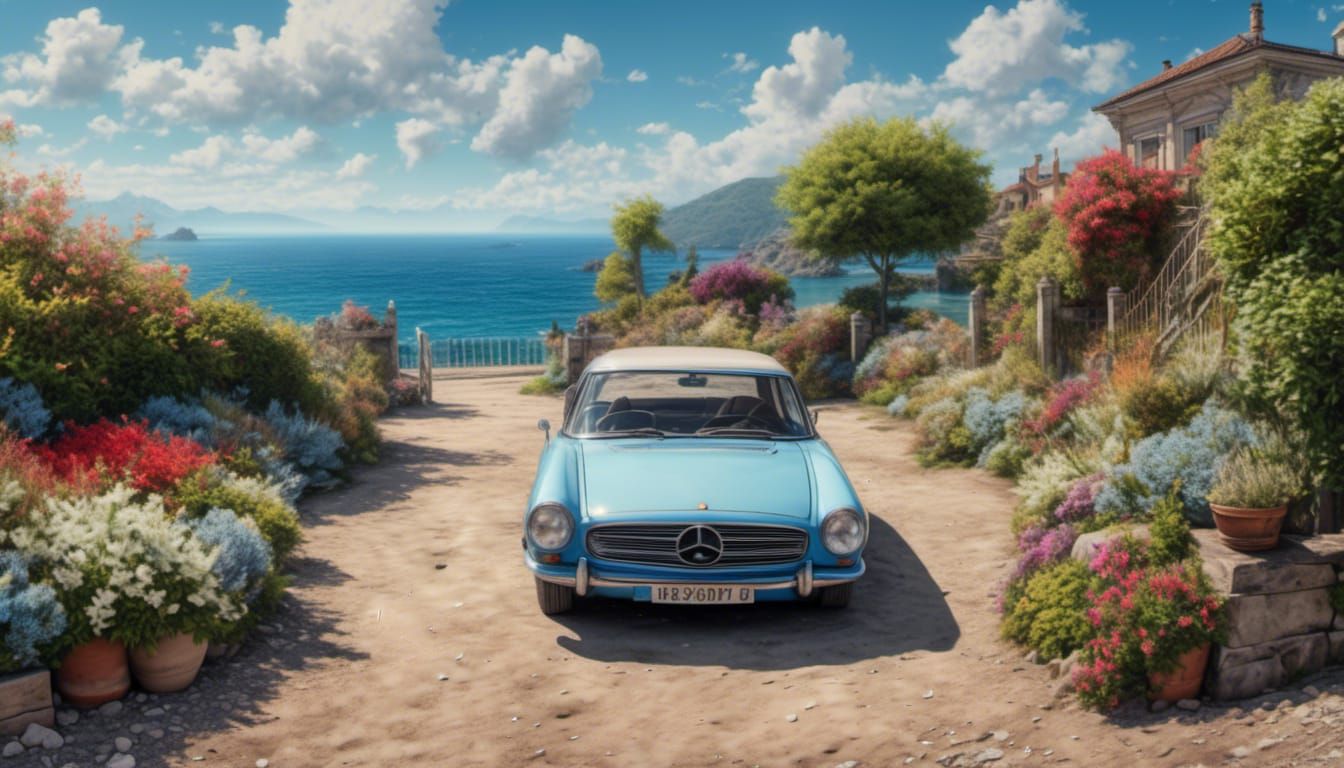 Classic Car Overlooking Sandy Beach and Bay