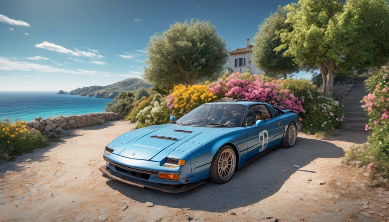 Car Overlooking Sandy Beach in Hyperrealistic Style