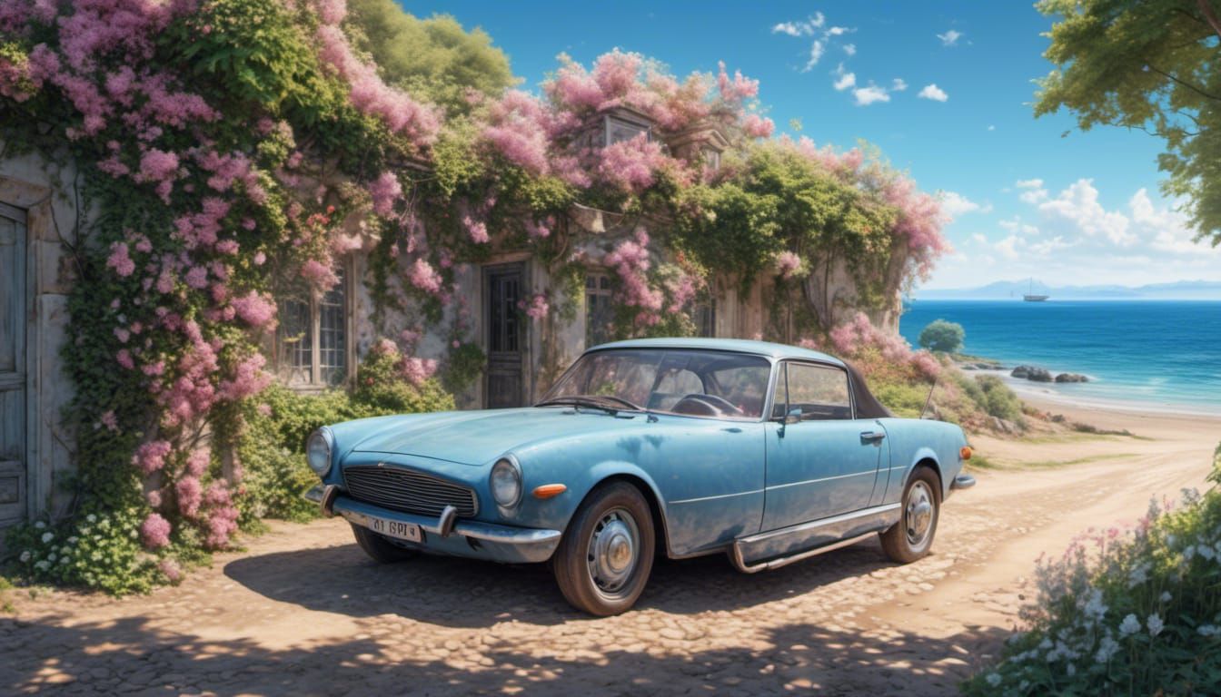 Classic Car at Coastal Cottage, Hyperrealistic Image