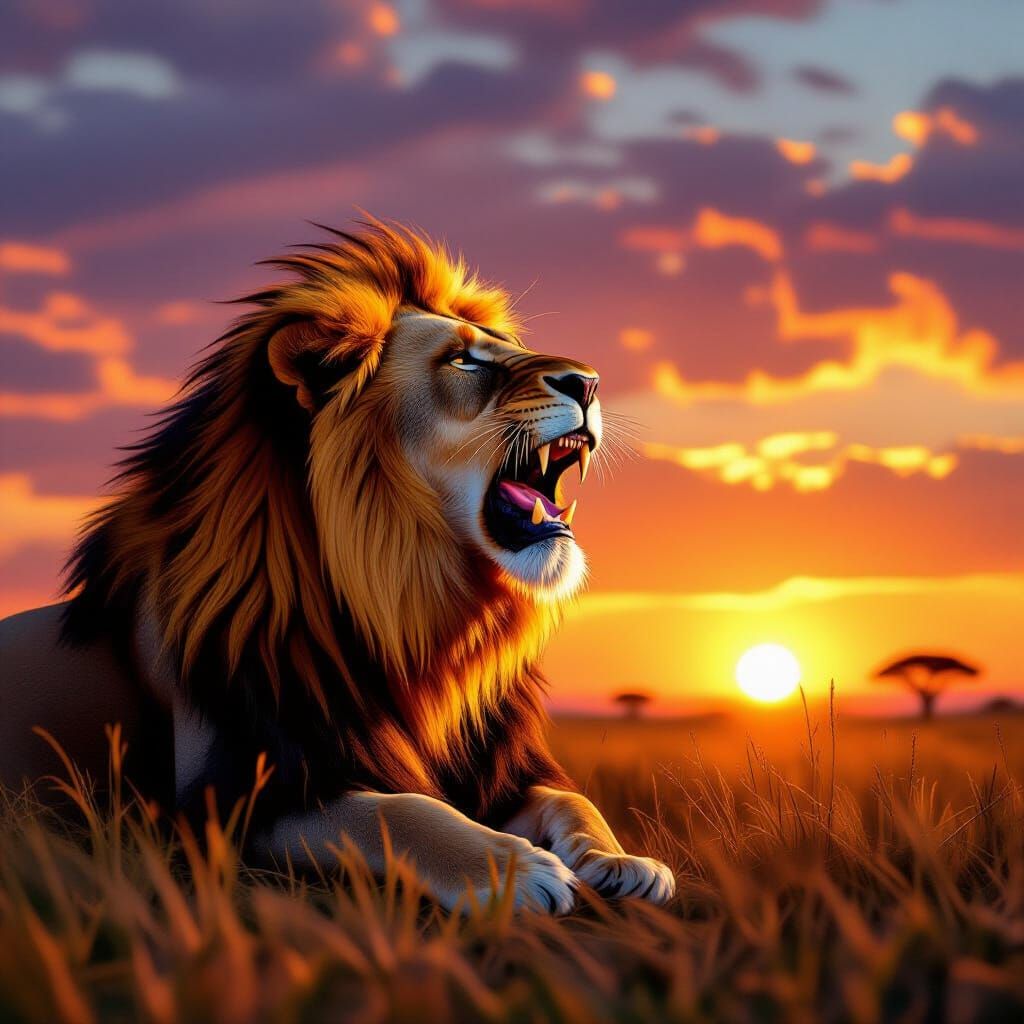 Majestic Lion Roaring at Golden Hour