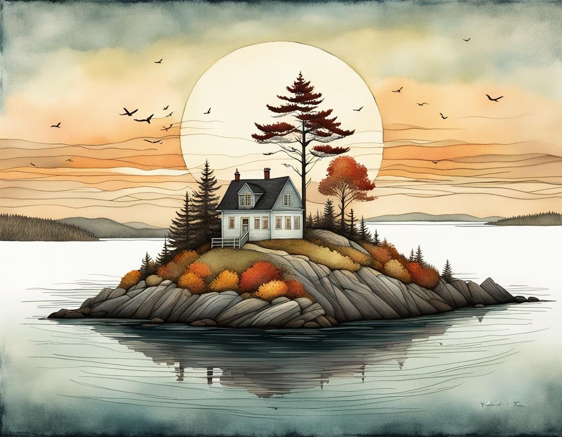 Maine Island in Autumn: Whimsical Stylized Art