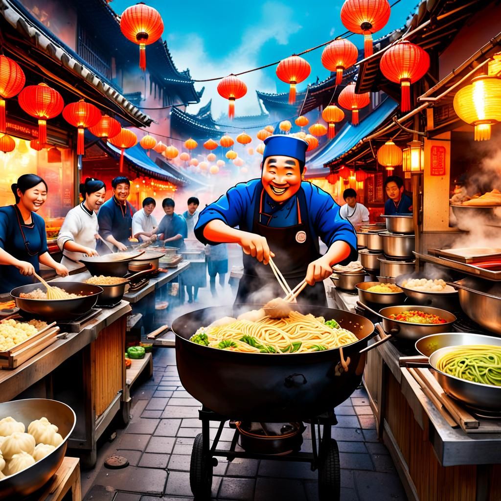 Pixar-Style Chinese Chef at Street Food Market