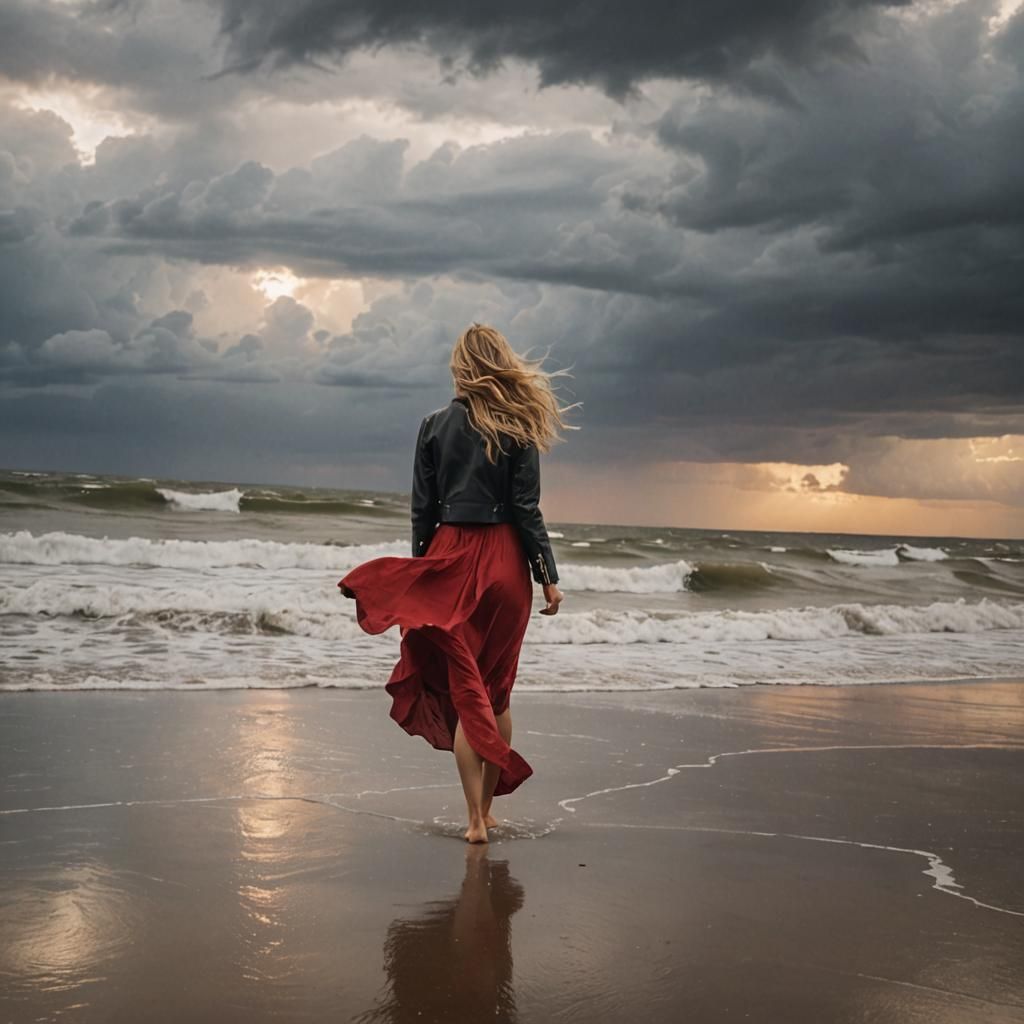 Woman with Blonde Hair on Wet Beach at Sunset