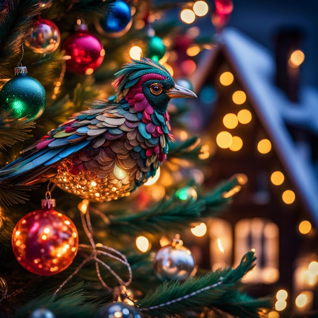 Feathered Christmas Tree with Glass Bird Ornaments