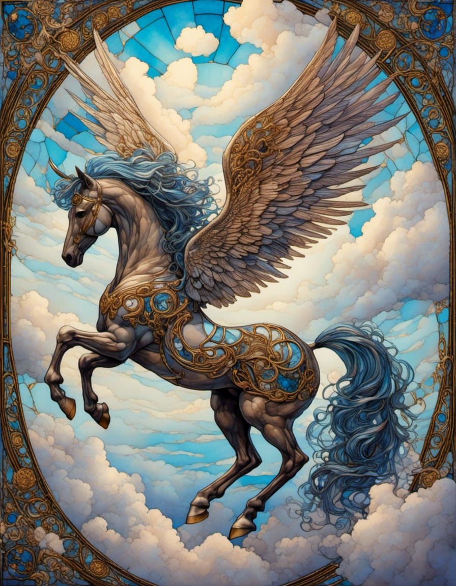 Elegant Wooden Pegasus with Stained Glass Wings