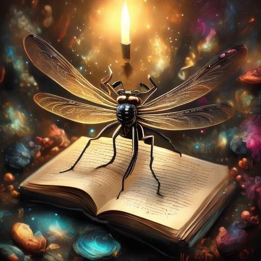 Dragonfly, Candle, and Open Book in Storybook Style