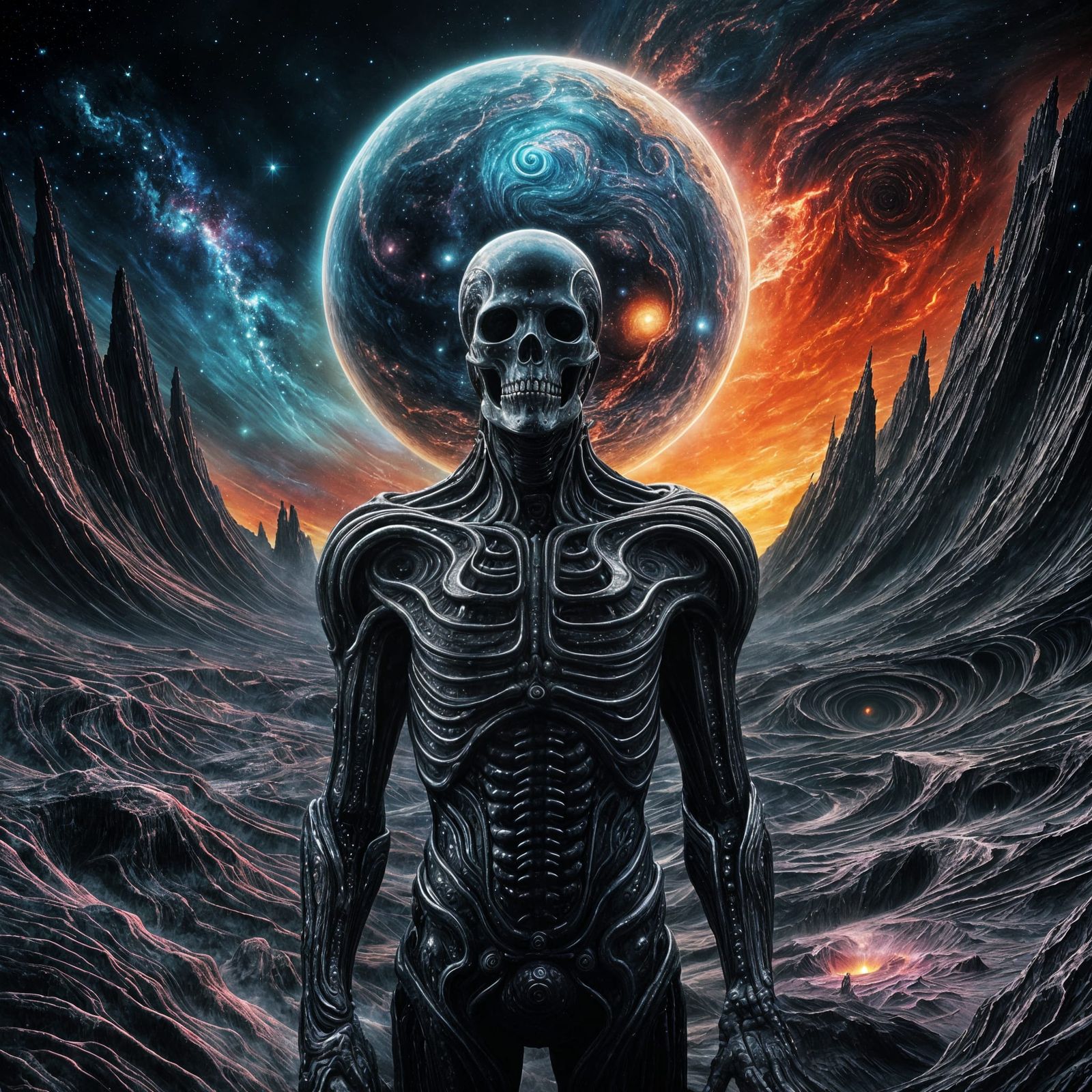 Cosmic Horror Landscape in Beksinski-Giger Style