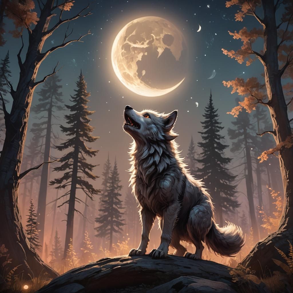 Cute Baby Werewolf Howling at Moon, Digital Art
