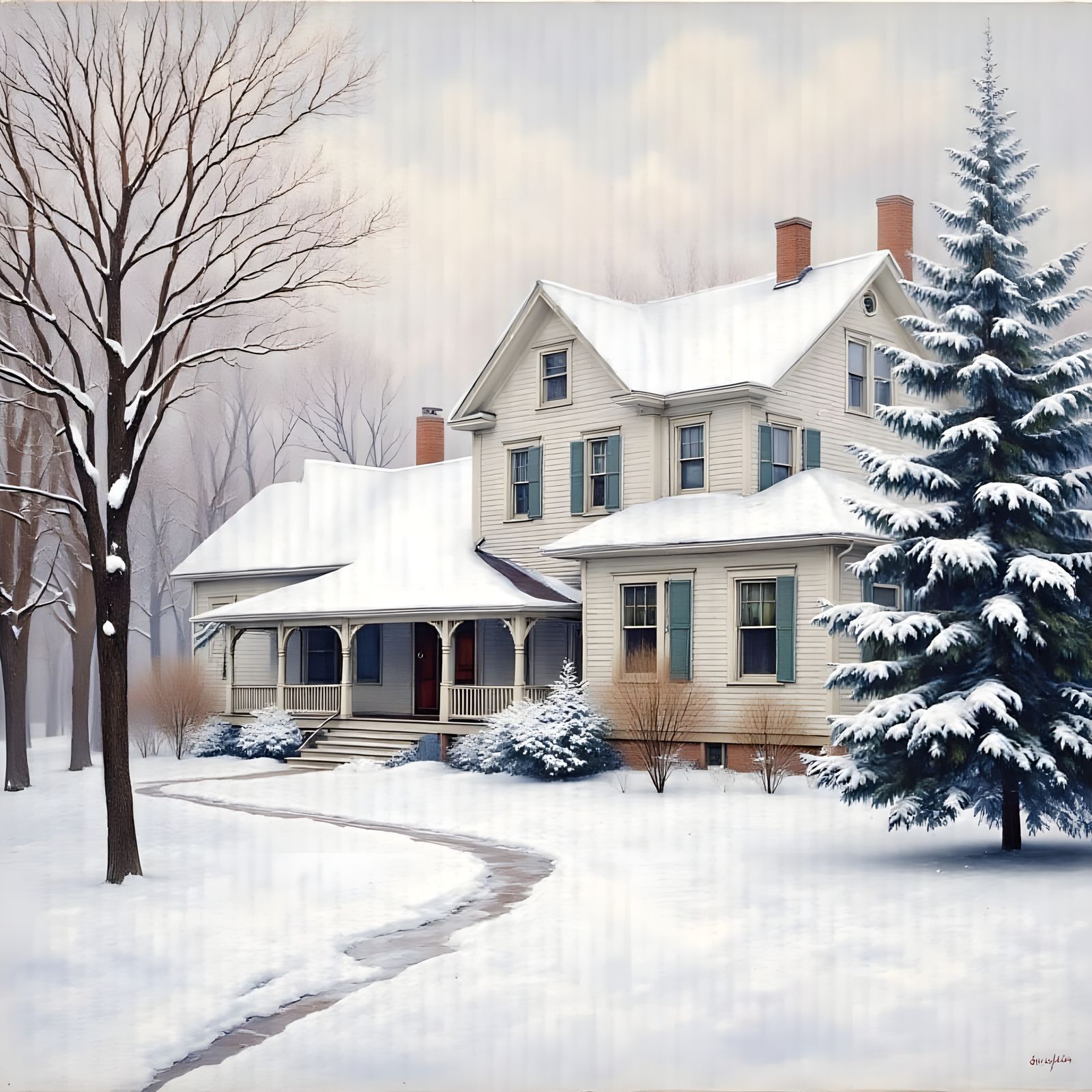 Impressionist Winter Landscape with Rustic Houses