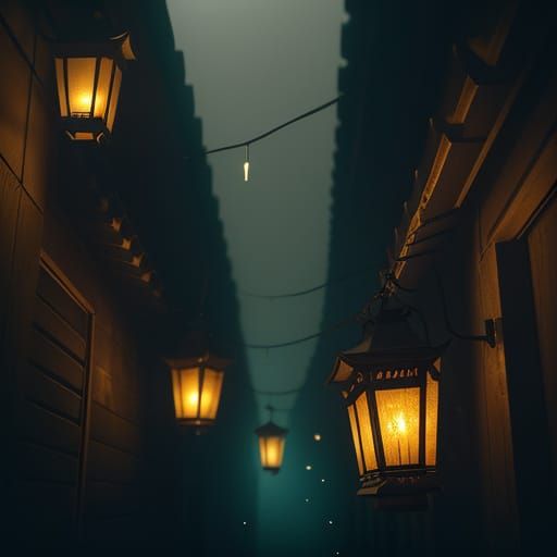 Hyperrealistic Lanterns Glow in Dark Alley
