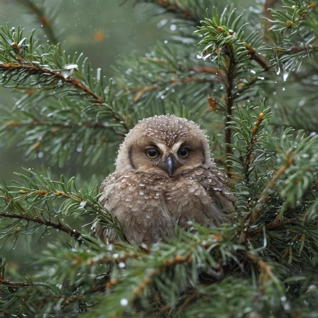 Baby Owlet in Rainy Forest: Macro Wildlife Photography