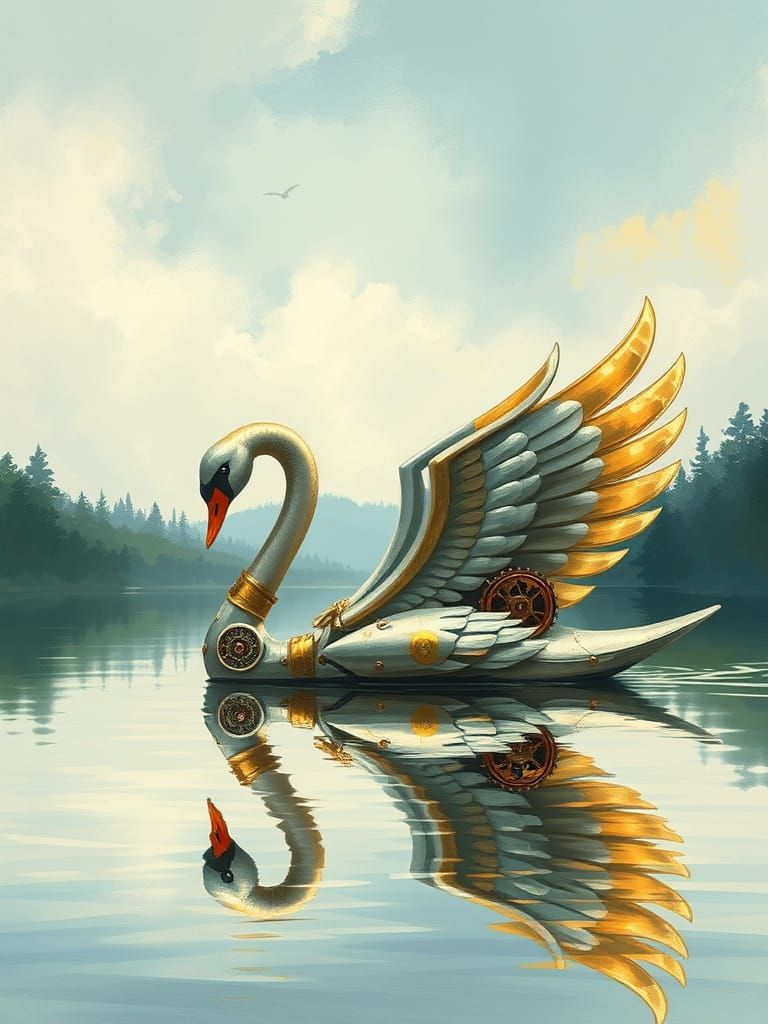 Steampunk Swan Automaton Glides on Lake