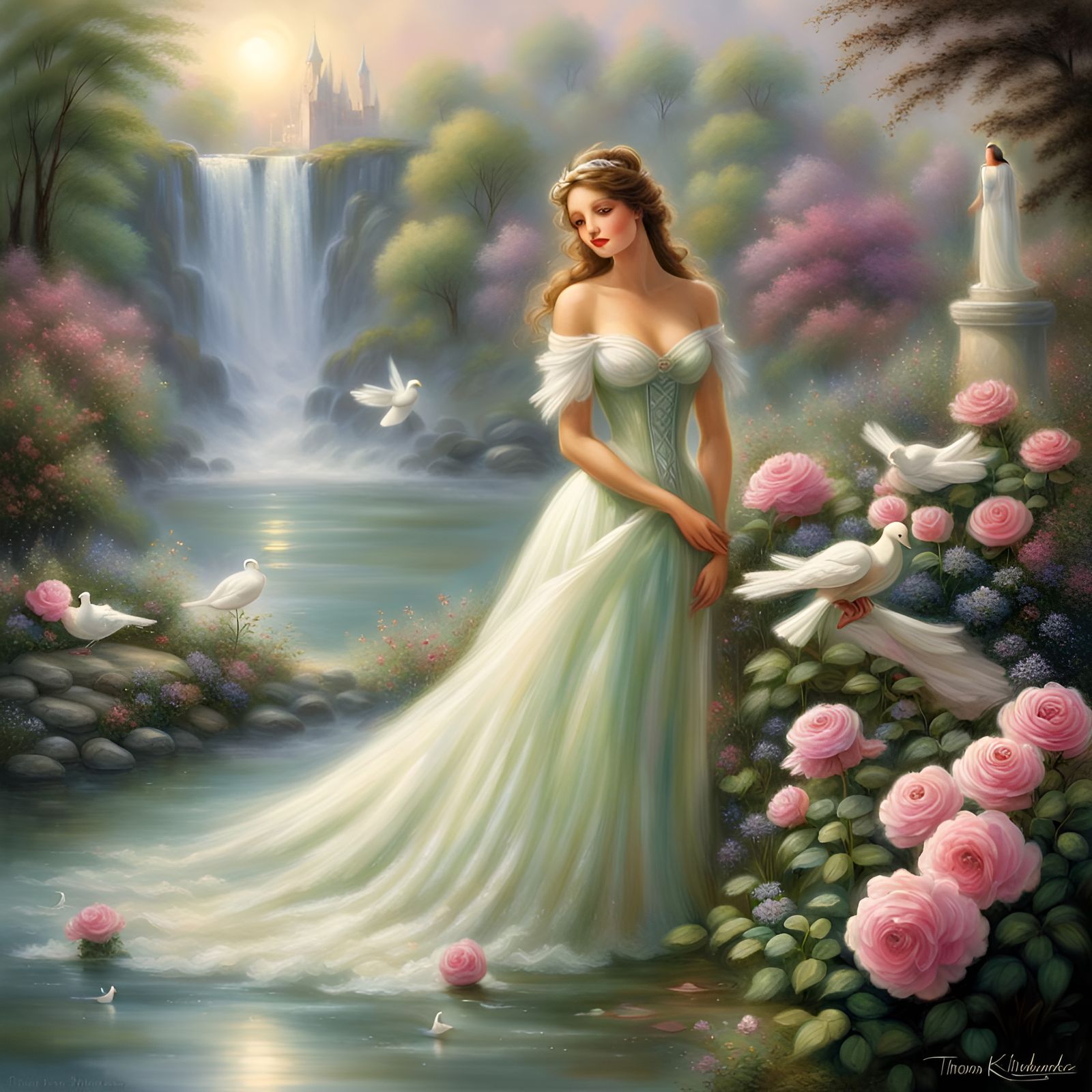 Rose Princess Releasing Doves by Waterfall
