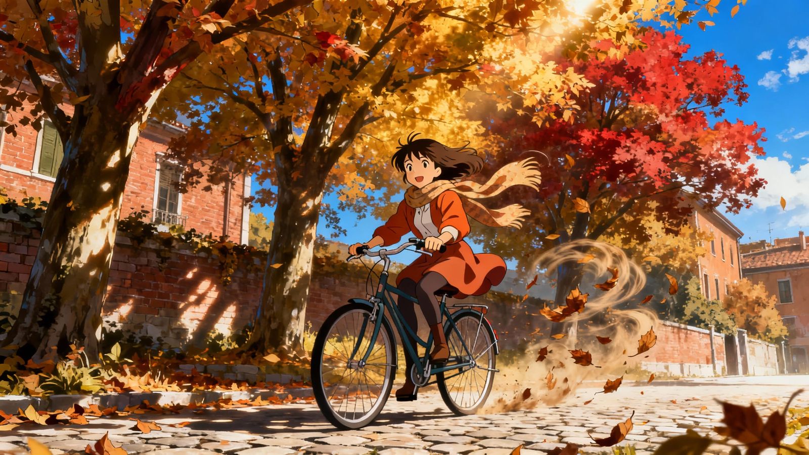 Italian Girl Cycles Through Autumn Leaves in Ghibli Style