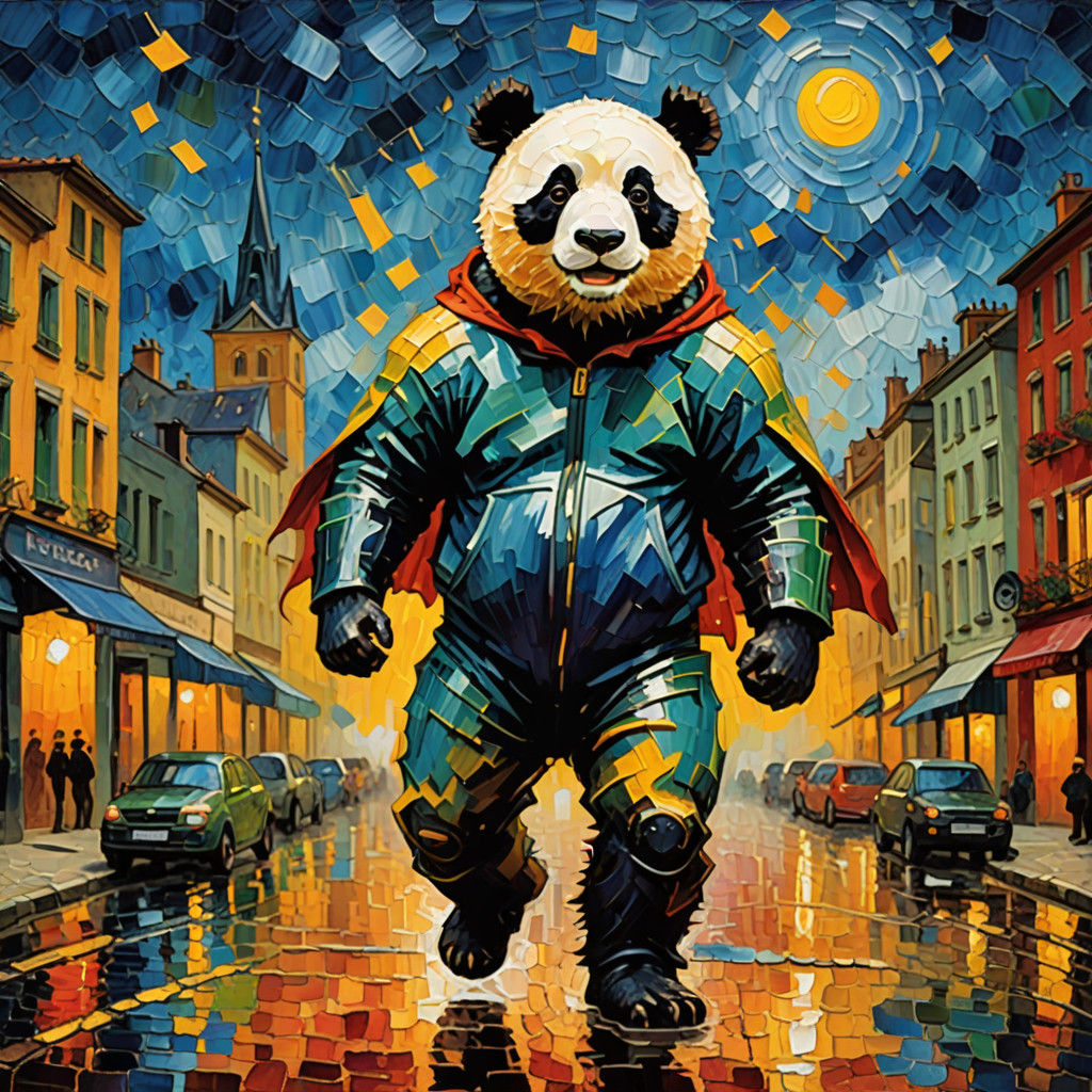 Neo-Impressionist Panda Superhero Triumphs in the City