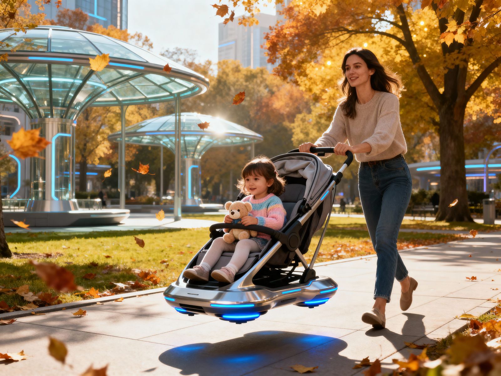 Futuristic Autumn Park Scene with Hover Pram