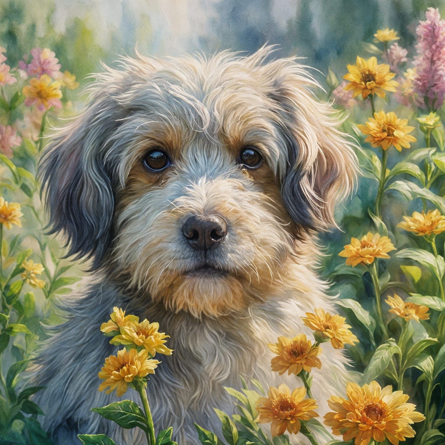 Puppy Portrait in Gouache Watercolor Impressionist Style