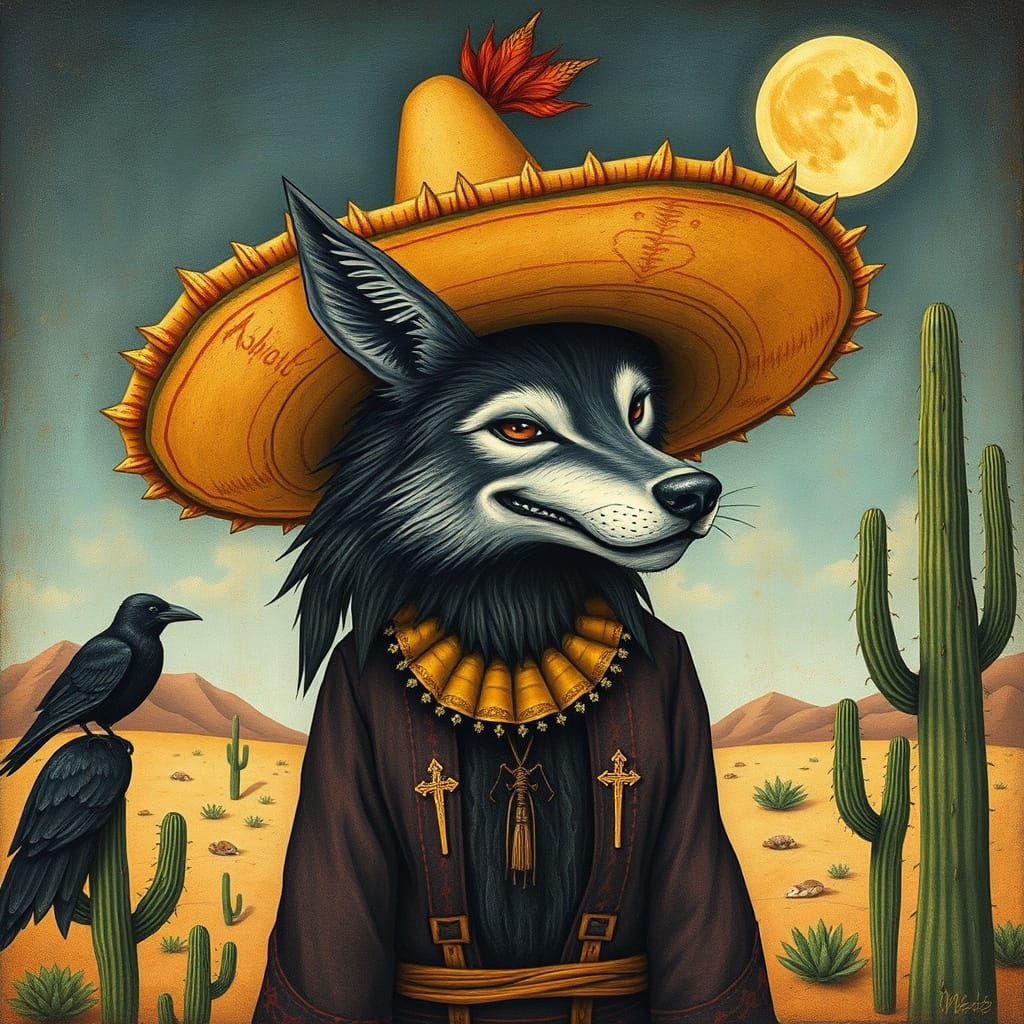 Mexican Werewolf in Sombrero: Surreal Folk Art