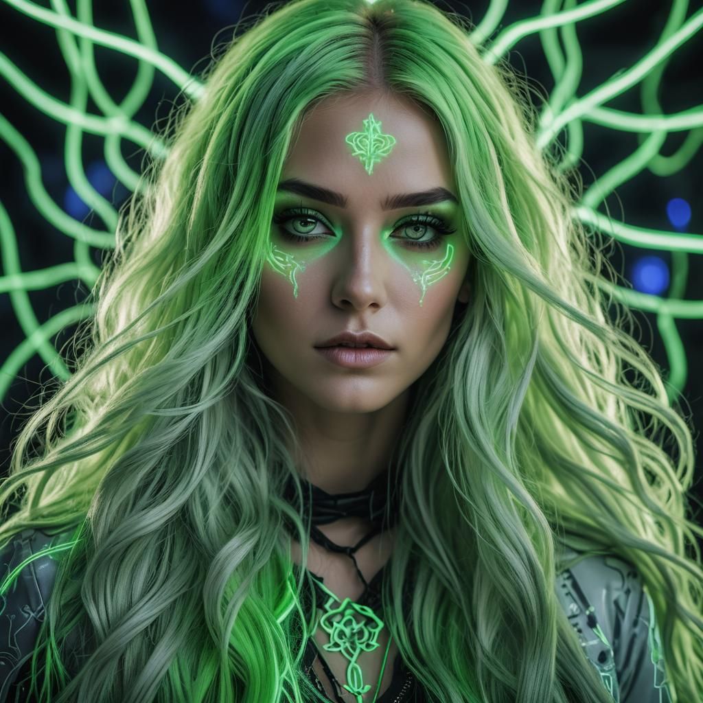 Girl in Neon Light Green Hair, Glowing in Hyperrealistic HDR